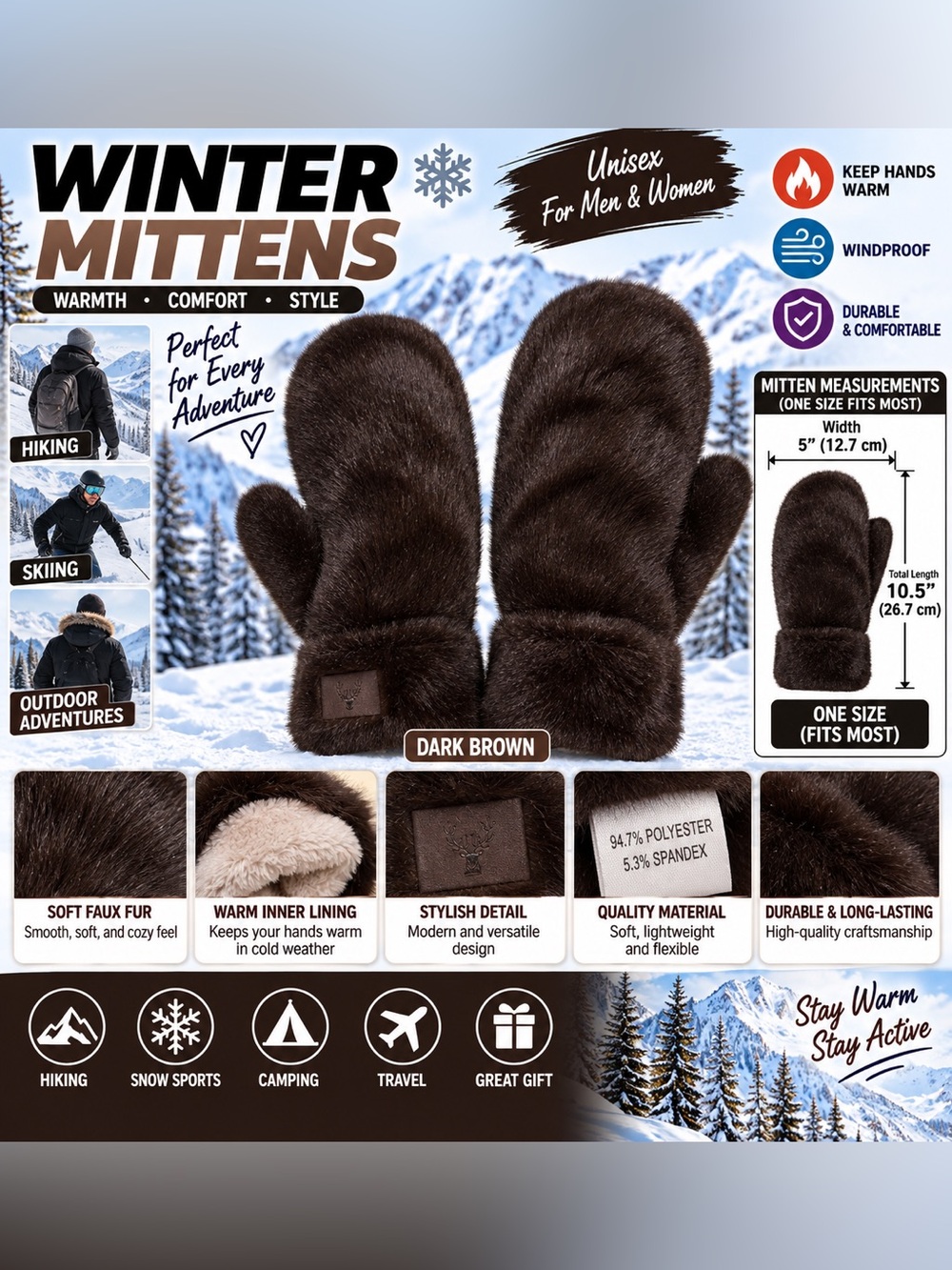 Unisex Winter Faux Fur Mittens Dark Brown Warm Plush Lined One Size Soft Cozy